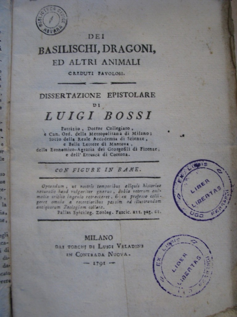 Volume del 1791, scritto da Luigi Bossi, sui basilischi e altre creature fantastiche